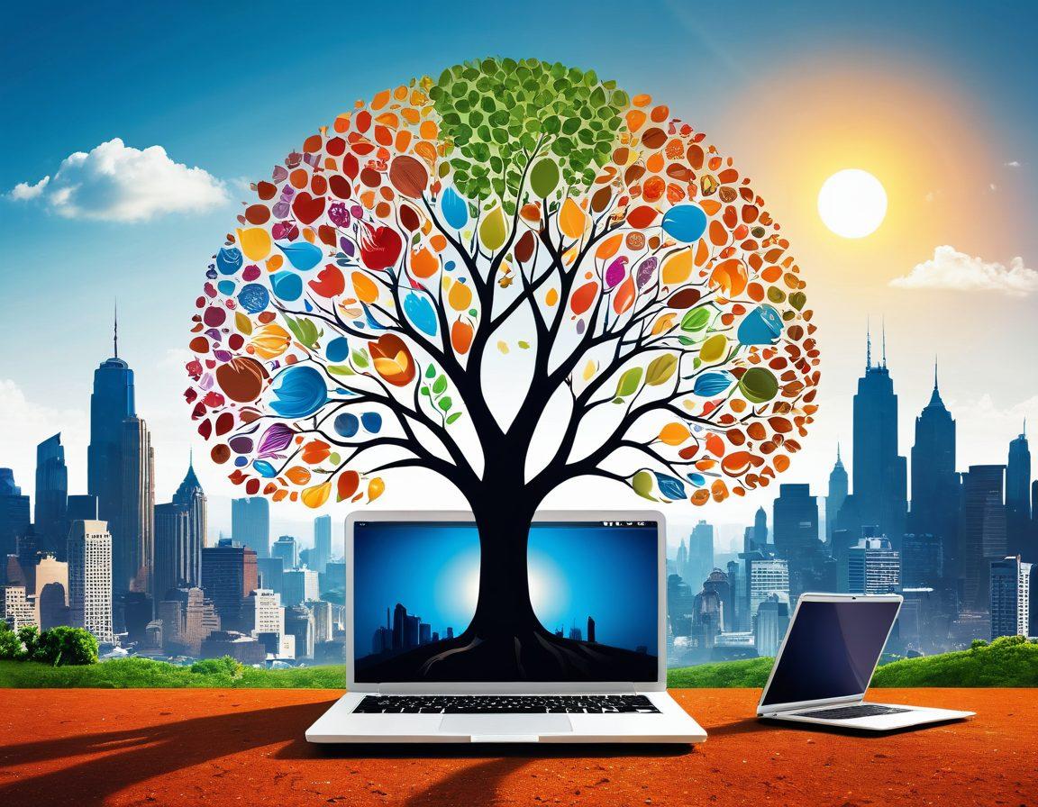 A visually striking metaphorical representation of a seed growing into a large, flourishing tree filled with colorful blog post icons, symbolizing ideas transforming into impactful content. The background features a sunlit landscape, showcasing a path leading towards a vibrant city skyline, indicating business growth. Include elements like laptops and coffee cups to represent blogging culture. super-realistic. vibrant colors. white background.