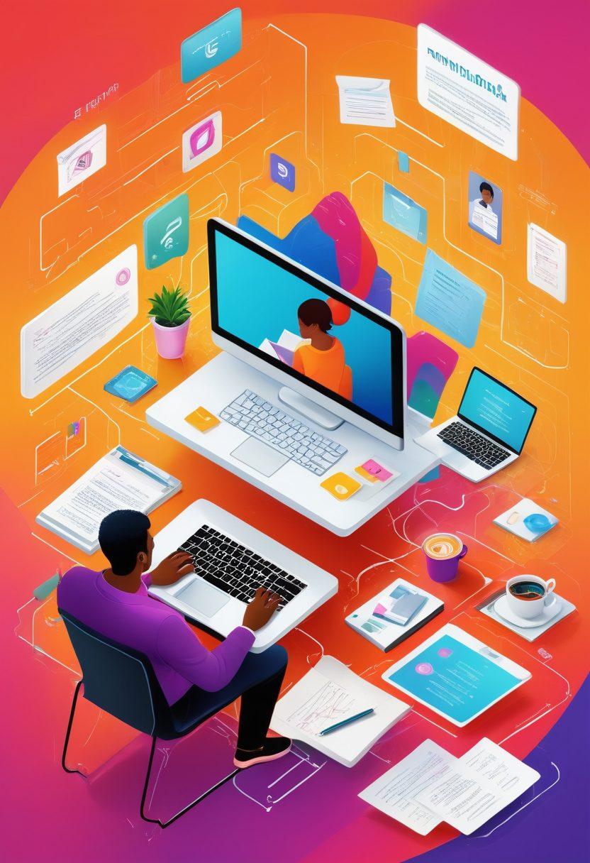 A dynamic scene depicting a diverse group of entrepreneurial individuals navigating a stylized, abstract representation of a blogosphere, complete with colorful digital pathways, engaging content icons, and interconnected blogs. The atmosphere should convey excitement and inspiration, featuring elements like laptops, coffee cups, and brainstorming notes scattered around. Bright, vibrant colors and motivational quotes in the background create an inviting, energetic vibe. super-realistic. vibrant colors.