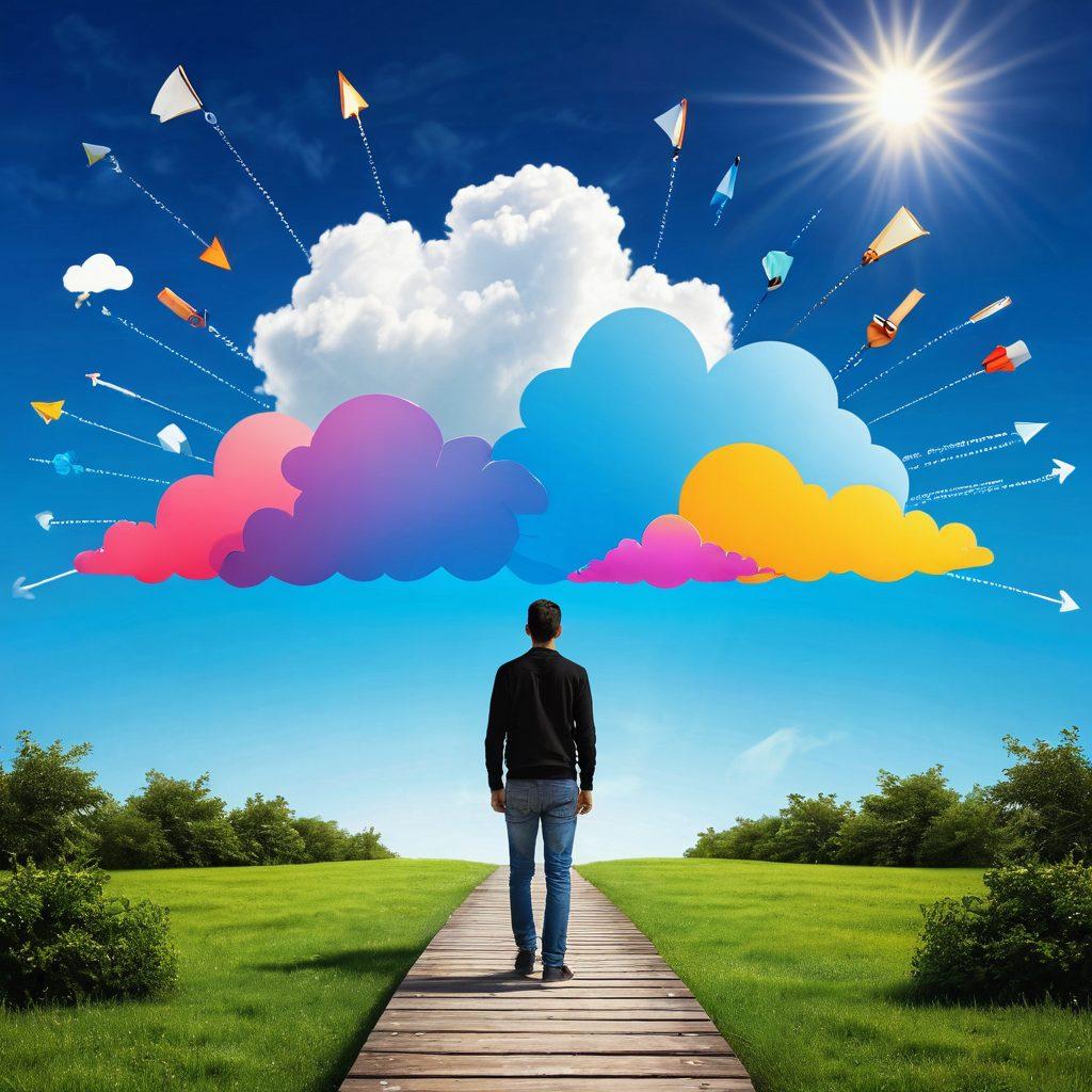 A vibrant pathway leading into a digital world filled with various blogging platforms and social media icons, where an aspiring entrepreneur stands at the beginning, laptop in hand, looking hopeful and inspired. The scene is lively with colorful creative elements like notebooks, pens, and lightbulbs representing ideas swirling around. Bright sunlight illuminates the scene, symbolizing new opportunities and growth. The background features a blue sky transitioning into a cloud of thoughts. super-realistic. vibrant colors. 3D.